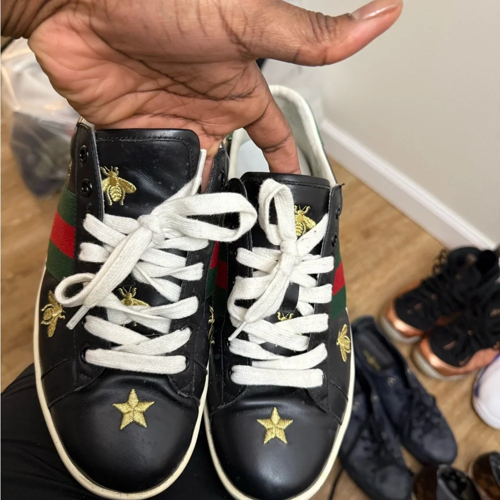 Gucci Black Leather Sneakers with Red-Green Web and Metallic Green Heel - Picture 3 of 5